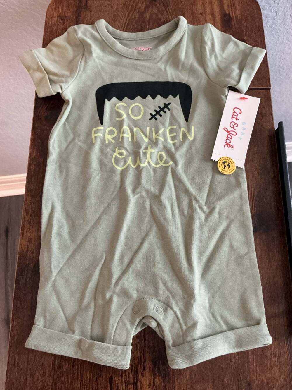 Cat & Jack Halloween So Frankencute Romper Size 3-6M Green